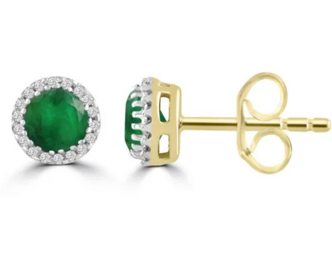 9k Yellow Gold Emerald and Diamond Stud Earrings
