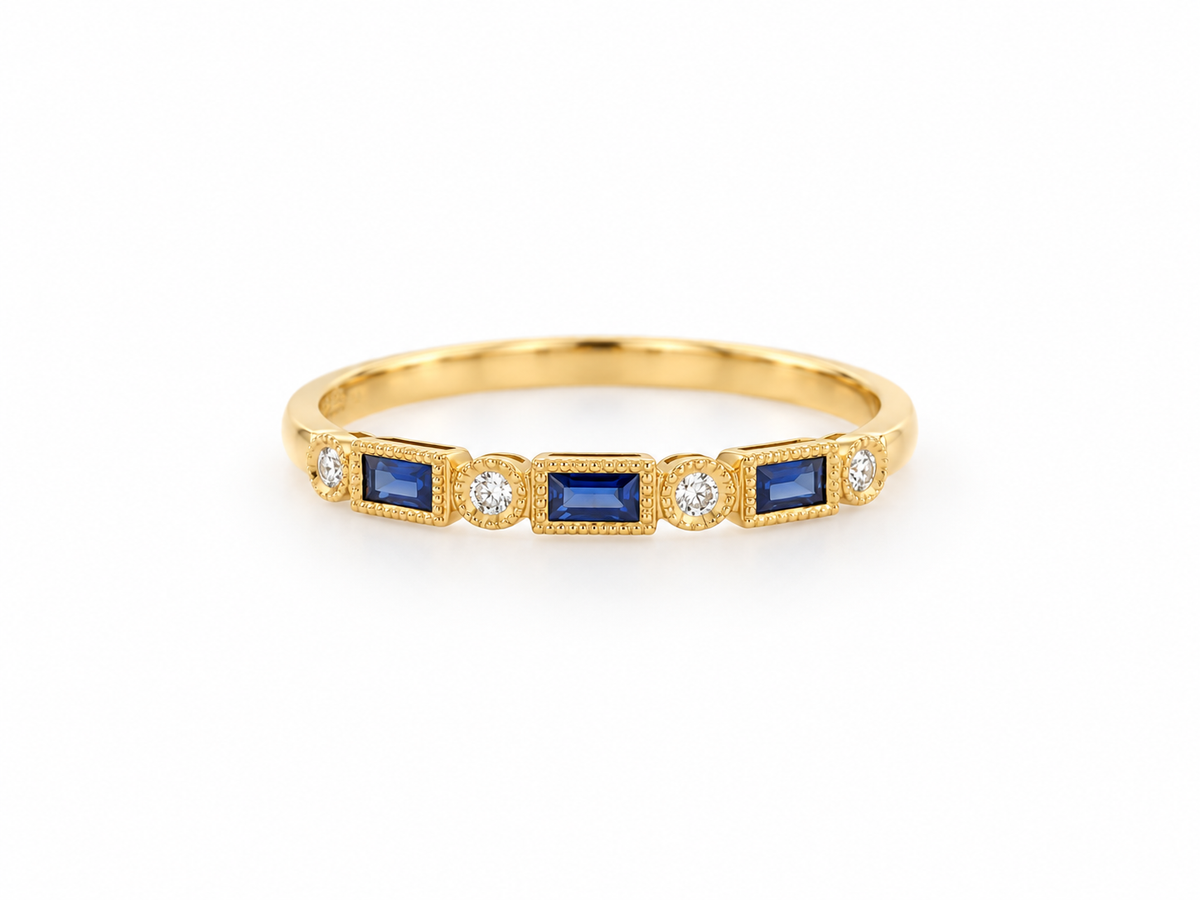 9ct Yellow Gold Sapphire & Diamond Set Band Stacker Ring