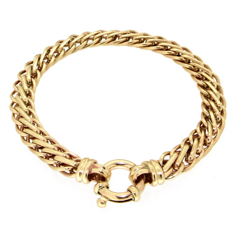 9ct Yellow Gold fish bone bracelet with plain links in the middle, finished with a bolt ring