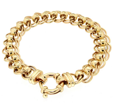 9ct Yellow Gold Double Curb Bracelet With Plain Belcher Link & Bolt Ring