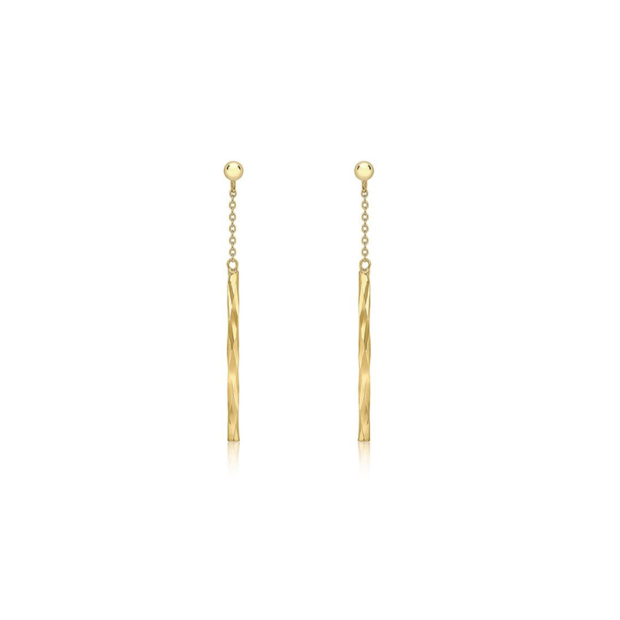 Yellow Gold Diamond Cut Bar & Chain Drop Earrings