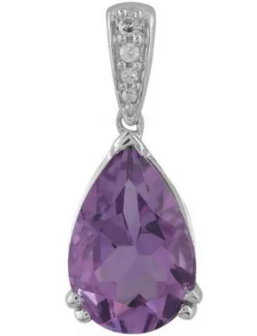 9ct White Gold Pear Shaped Amethyst & Diamond Set Pendant