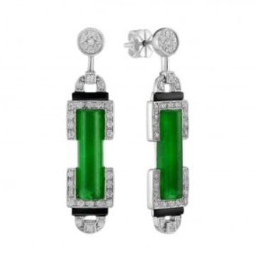 Stirling Silver, Art Deco, Green Agate, Black Onyx & Cubic Zirconia Drop Earrings
