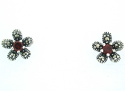 Sterling Silver Marcasite & Garnet Set Flower Stud Earrings