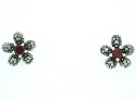 Stirling Silver Marcasite & Garnet Set Flower Stud Earrings