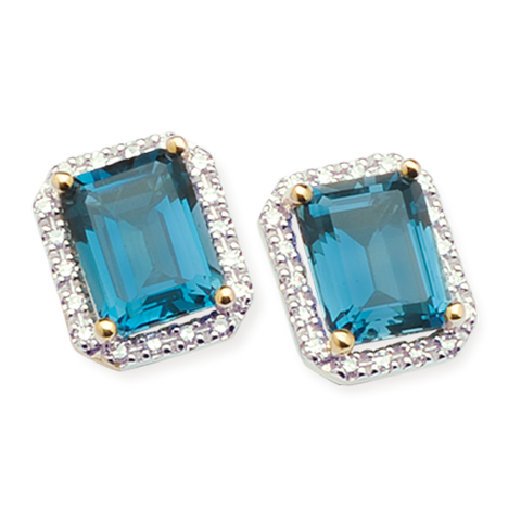 9ct Yellow Gold London Blue Topaz & Diamond Stud Earrings