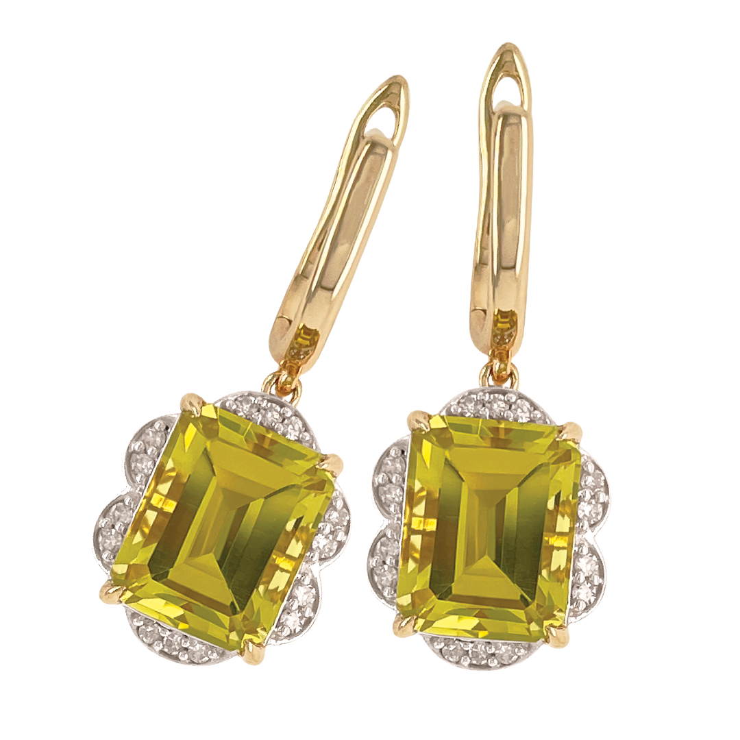 9ct Yellow Gold Lemon Quartz & Diamond Drop Earrings