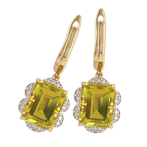 9ct Yellow Gold Lemon Quartz & Diamond Drop Earrings