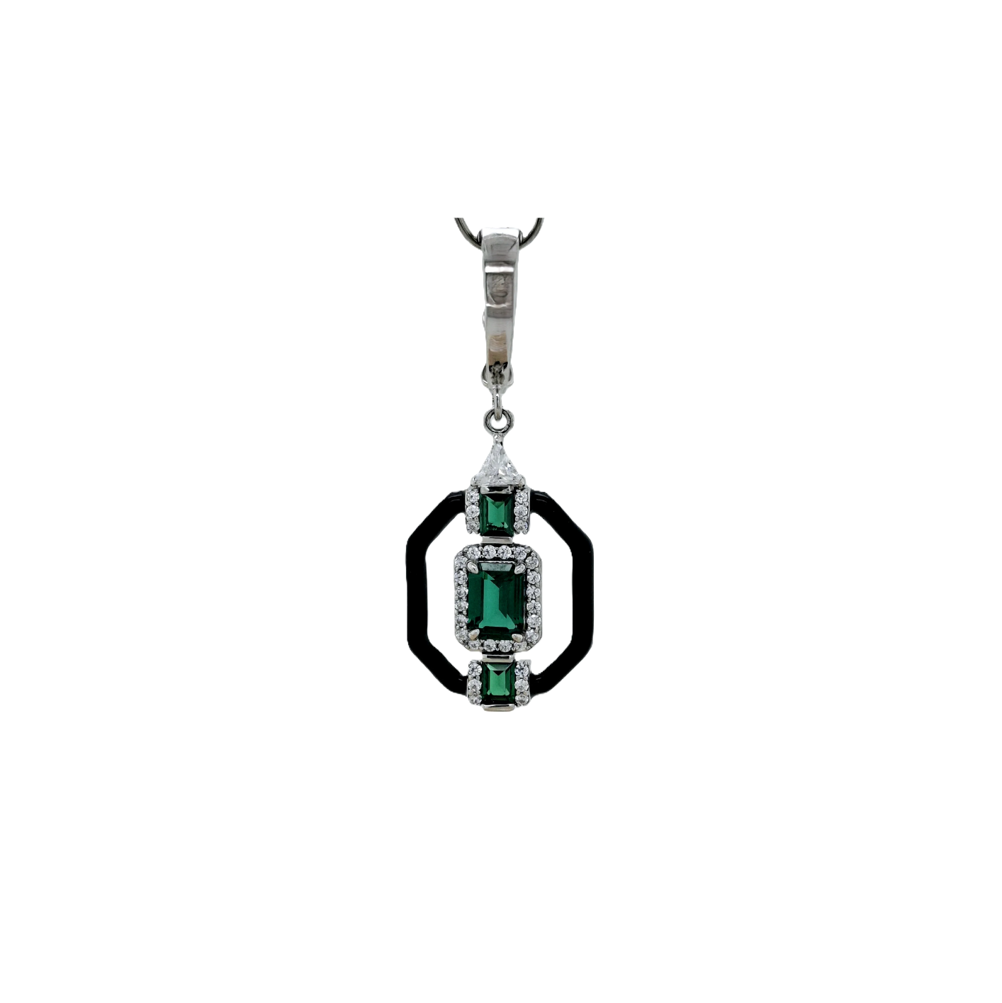 Sterling Silver Synthetic Emerald, CZ & Onyx Pendant