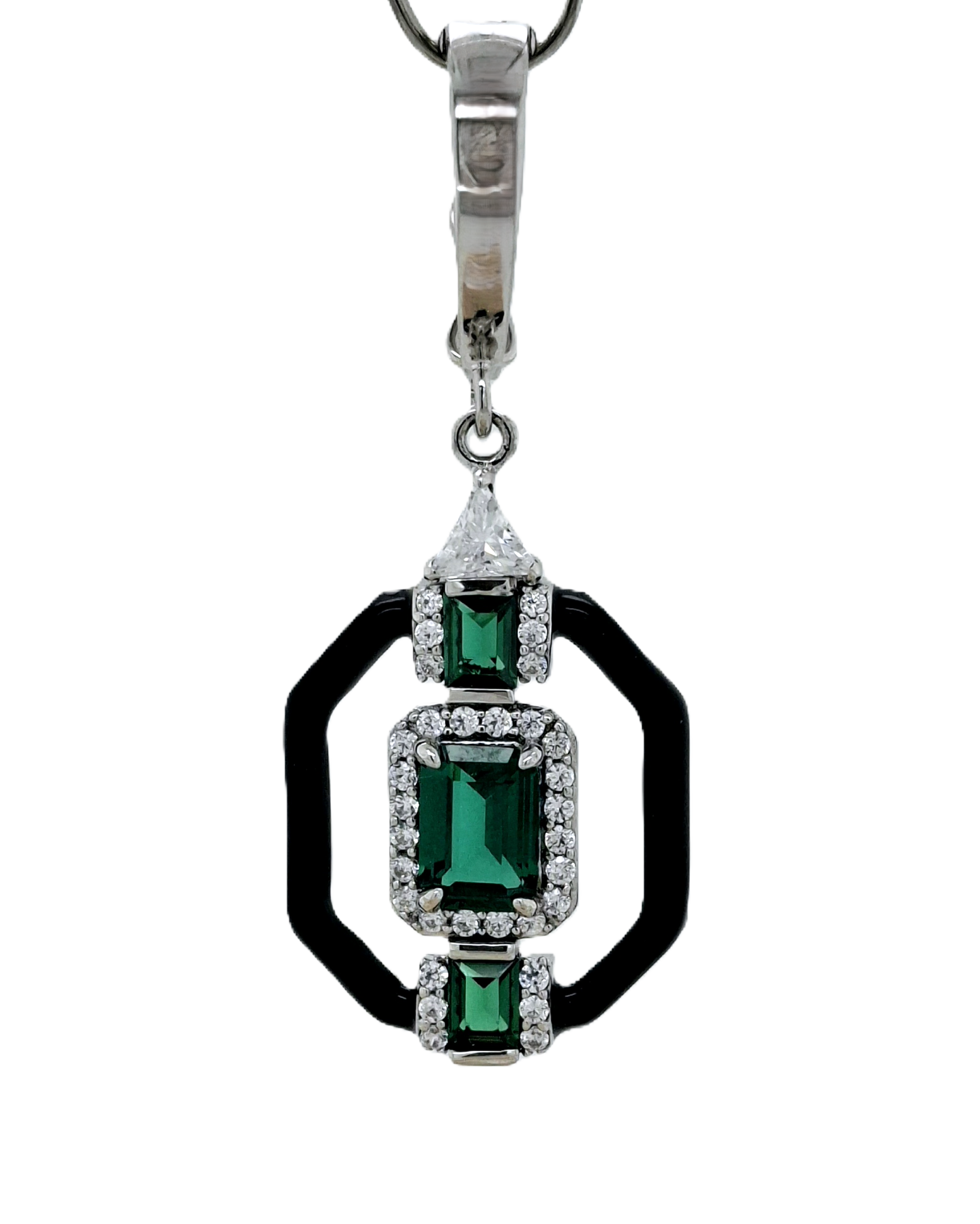 Sterling Silver Synthetic Emerald, CZ & Onyx Pendant
