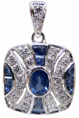 Stirling Silver Art Deco Style Pendant Set With Blue Sapphires & Cubic Zirconia