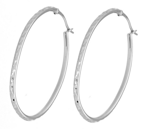 Stirling Silver Oval Hoop Earrings With Diamond Cut Finish